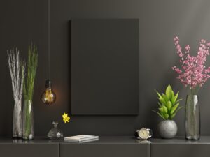 black poster frame cabinet living room interior empty dark black wall 3d rendering