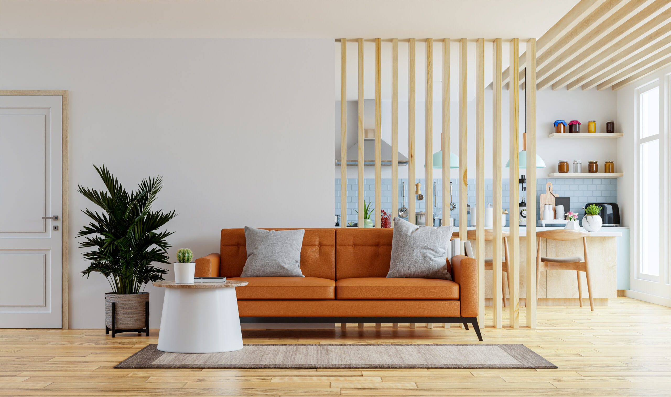 living room interior wall mockup warm tones with leather sofa which is kitchen 3d rendering scaled